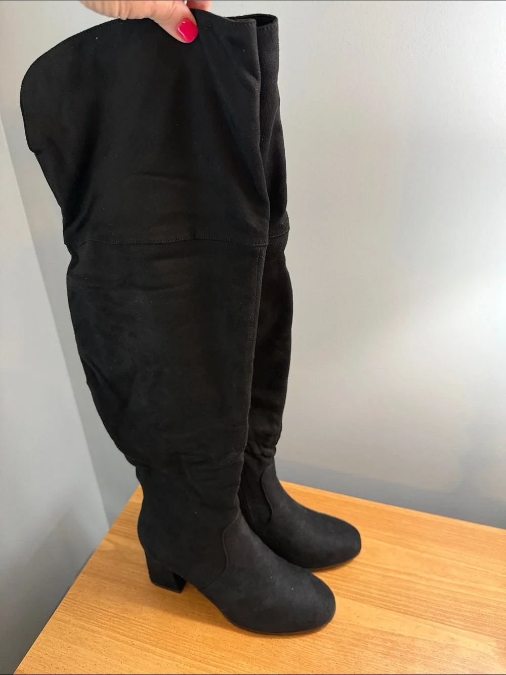 J. Adams Vegan Suede Black Over-the-Knee Block Heel Boots - Brandy